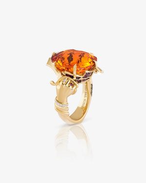 Red Sail Sunset cocktail ring in 18 ct yellow gold with central orange citrine, ruby sails and white-diamond pavé — front view