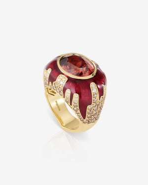 Red Tanzanian Zircon maximalist gemstone ring in 18ct Yellow Gold by Stephen Webster, side view