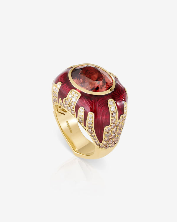 Red Tanzanian Zircon maximalist gemstone ring in 18ct Yellow Gold by Stephen Webster, side view