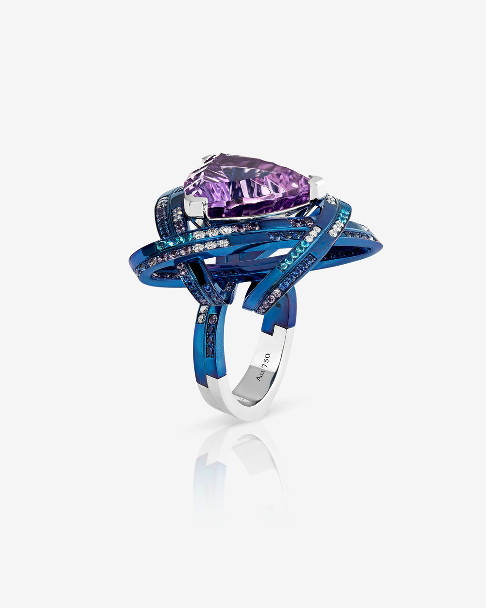 Rocket Girl ReBelles cocktail ring — blue titanium and 18 ct white-gold ring with central trillion-cut amethyst, Paraiba tourmalines, purple & blue sapphires and diamonds — front view