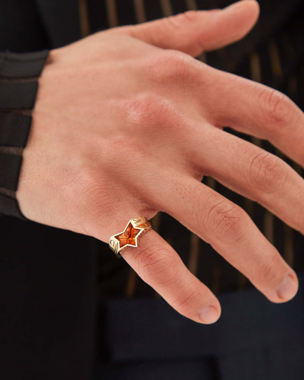 Close-up detail of yellow-gold Rockstar Ring with central citrine gemstone