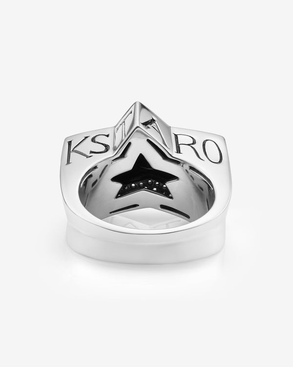 Stephen Webster Sex & Drugs & Rock & Roll star-shaped ring in sterling silver with central black onyx cross and pavé diamonds — back view