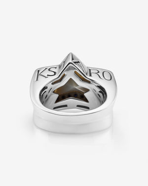 Stephen Webster Rockstar star-shaped ring in sterling silver with central white mother of pearl star and pavé black sapphires — back view