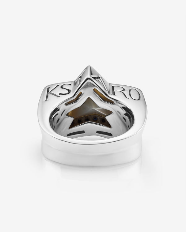 Stephen Webster Rockstar star-shaped ring in sterling silver with central white mother of pearl star and pavé black sapphires — back view