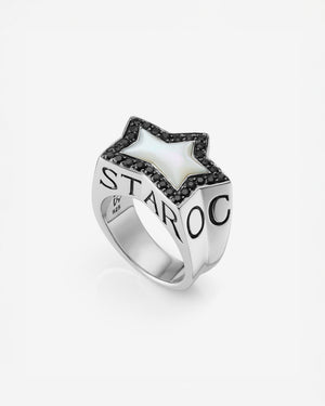 Stephen Webster Rockstar star-shaped ring in sterling silver with central white mother of pearl star and pavé diamonds — front view