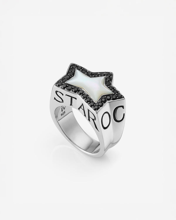 Stephen Webster Rockstar star-shaped ring in sterling silver with central white mother of pearl star and pavé diamonds — front view