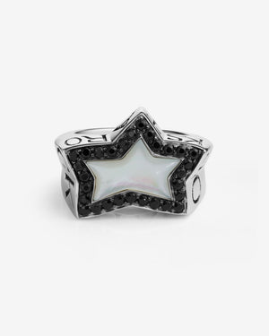 Stephen Webster Rockstar star-shaped ring in sterling silver with central white mother of pearl star and pavé black sapphires — detail view