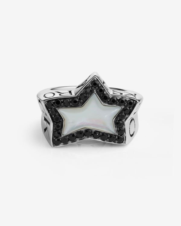 Stephen Webster Rockstar star-shaped ring in sterling silver with central white mother of pearl star and pavé black sapphires — detail view