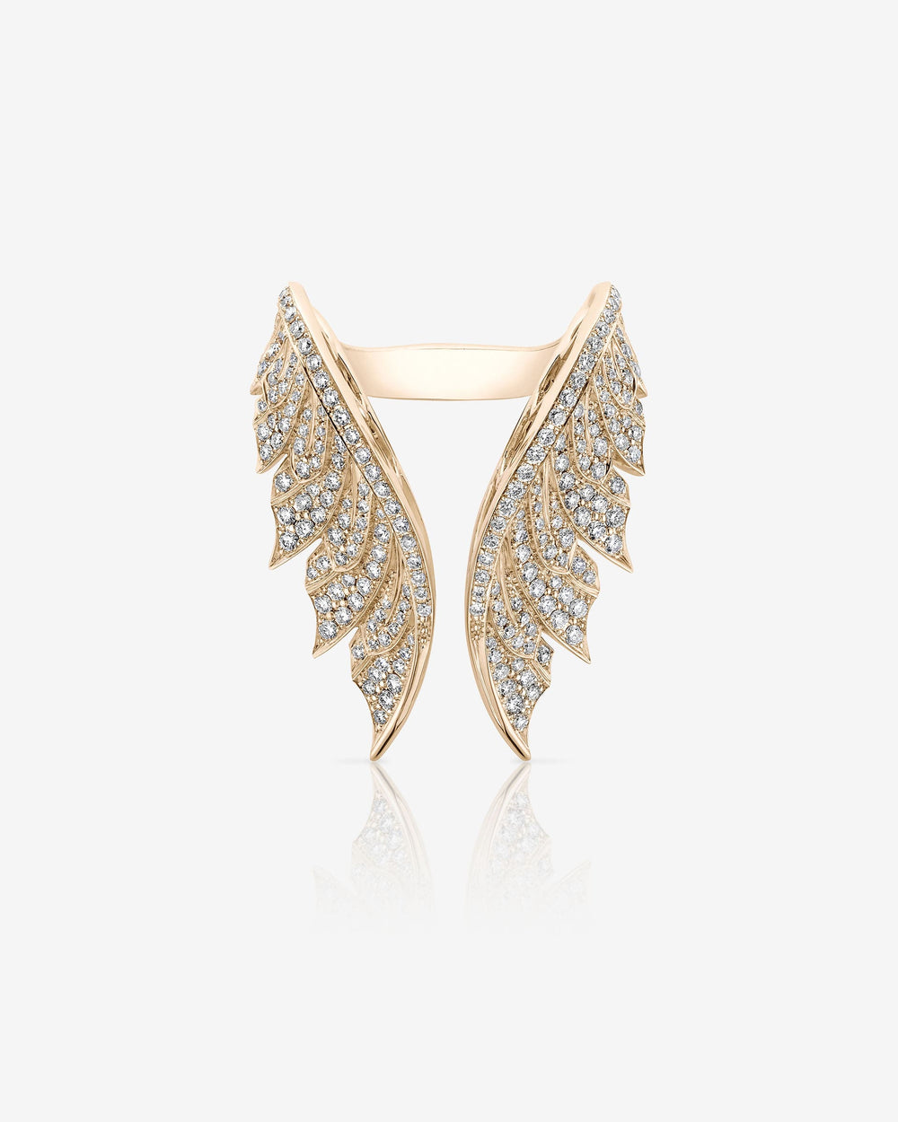 Rose Gold Open Tail Feather Ring in 18K rose gold with white diamond pavé sculptural feather design