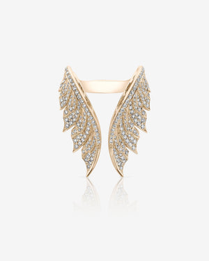 Rose Gold Open Tail Feather Ring in 18K rose gold with white diamond pavé sculptural feather design