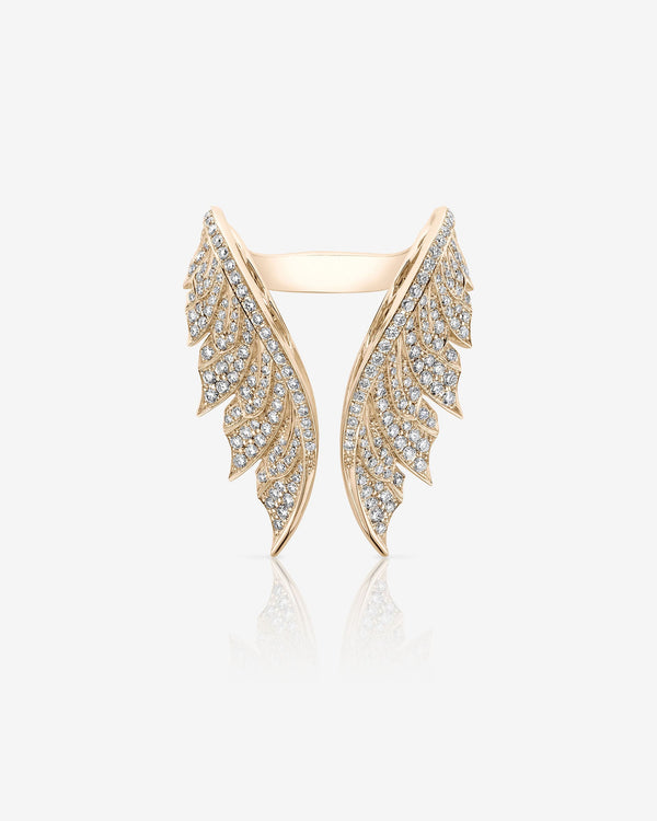 Rose Gold Open Tail Feather Ring in 18K rose gold with white diamond pavé sculptural feather design