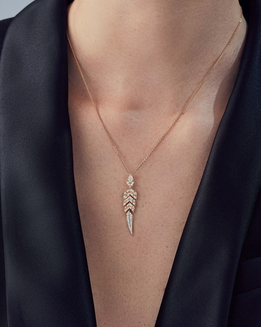 Rose Gold Tail Feather Drop Pendant in 18ct rose gold with white diamond pavé — luxury feather jewellery necklace