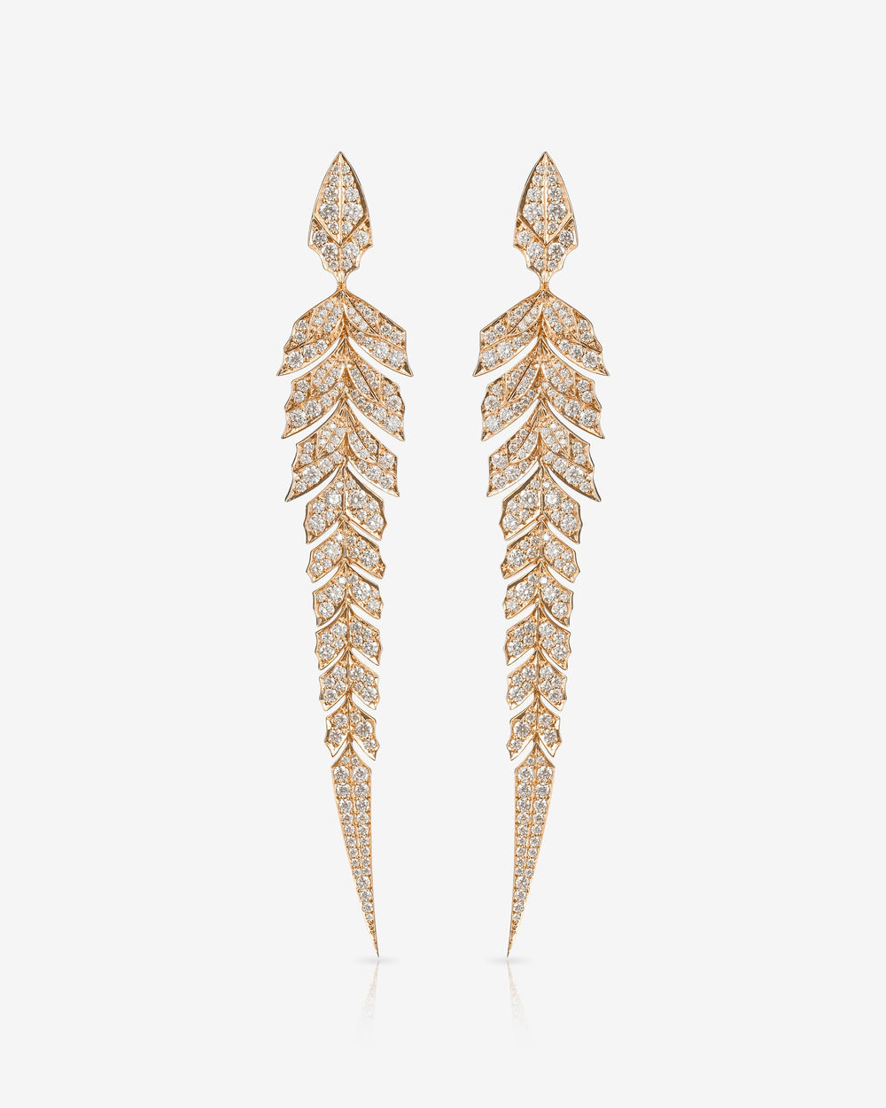 Rose Gold Tail Feather Long Drop Earrings in 18ct rose gold with white diamond pavé — luxury feather jewellery design