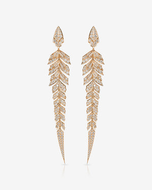 Rose Gold Tail Feather Long Drop Earrings in 18ct rose gold with white diamond pavé — luxury feather jewellery design