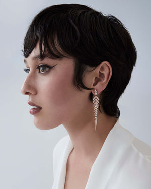 Rose Gold Tail Feather Long Drop Earrings worn on ear showcasing feather-inspired fine jewellery design