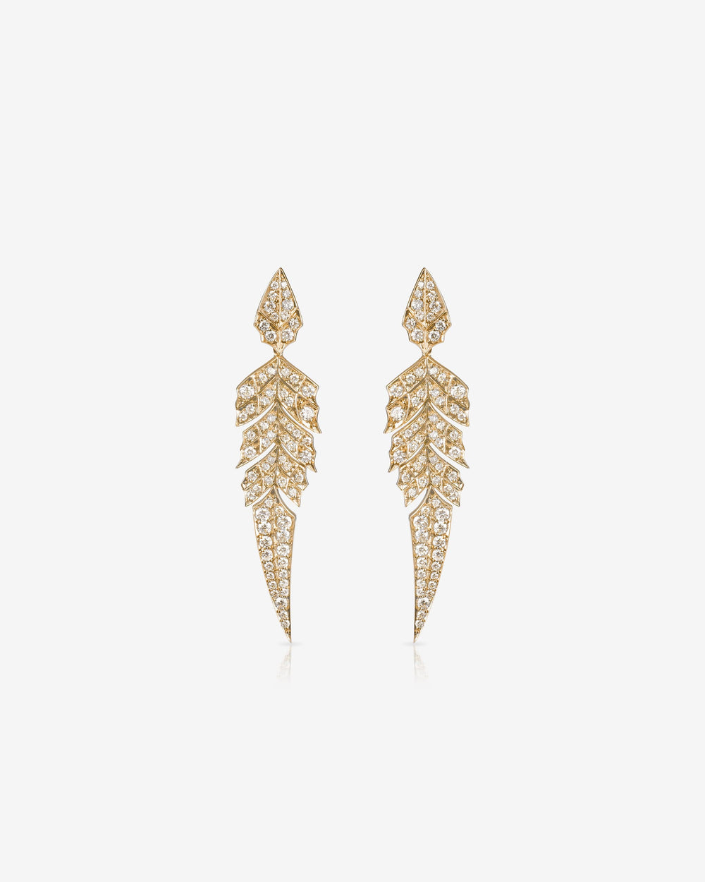 Rose gold and white diamond tail feather drop earrings with articulated feather jewellery design in 18ct rose gold