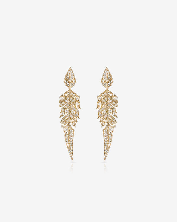 Rose gold and white diamond tail feather drop earrings with articulated feather jewellery design in 18ct rose gold