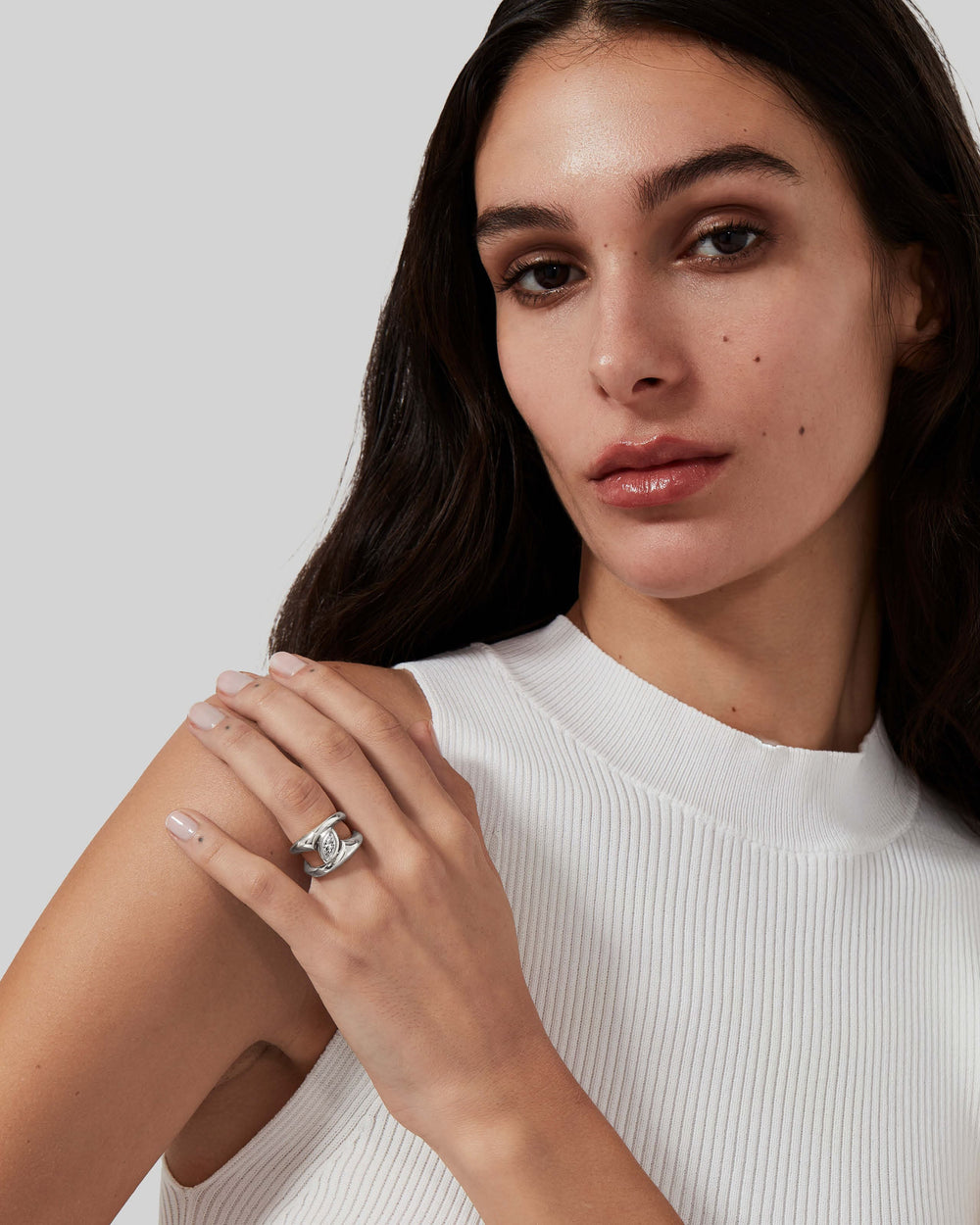 Stephen Webster Sculpted Solitaire Ring in platinum with marquise white diamond, luxury engagement ring