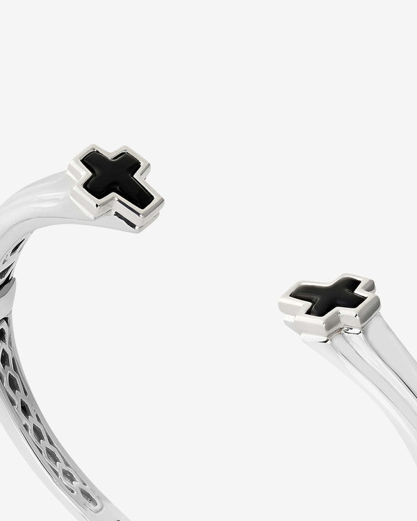 Close-up detail of black onyx inlay and sterling-silver finish on Stephen Webster bangle