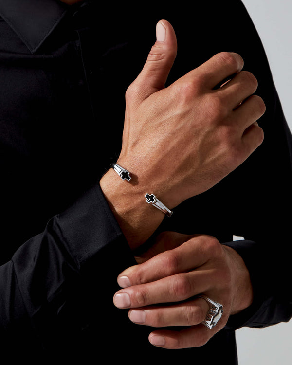 Close-up detail of black onyx inlay and sterling-silver finish on Stephen Webster bangle