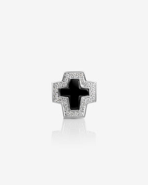 Flat-lay view of Stephen Webster cross-shaped black onyx earring on neutral background — Sex & Drugs & Rock & Roll collection