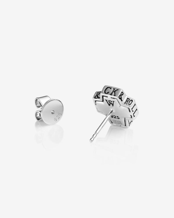 Stephen Webster Sex & Drugs & Rock & Roll cross-shaped earring in sterling silver with central white mother of pearl cross and pavé diamonds — back view