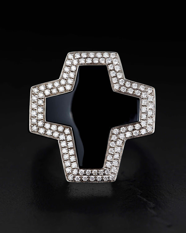 Close-up detail of black onyx cross and white-diamond pavé on Stephen Webster cross-shaped ring