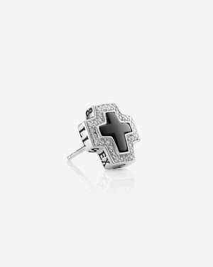 Stephen Webster Sex & Drugs & Rock & Roll cross-shaped earring in sterling silver with central black onyx cross and pavé diamonds — side view