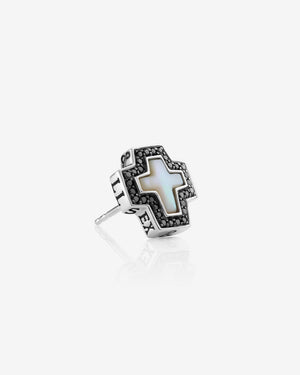 Stephen Webster Sex & Drugs & Rock & Roll cross-shaped earring in sterling silver with central white mother of pearl cross and pavé diamonds — side view