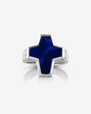 Close-up of blue enamel inlay and sterling-silver metalwork on Stephen Webster ring