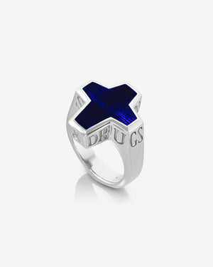 Stephen Webster Sex & Drugs & Rock & Roll ring in sterling silver with blue enamel inlay — front view