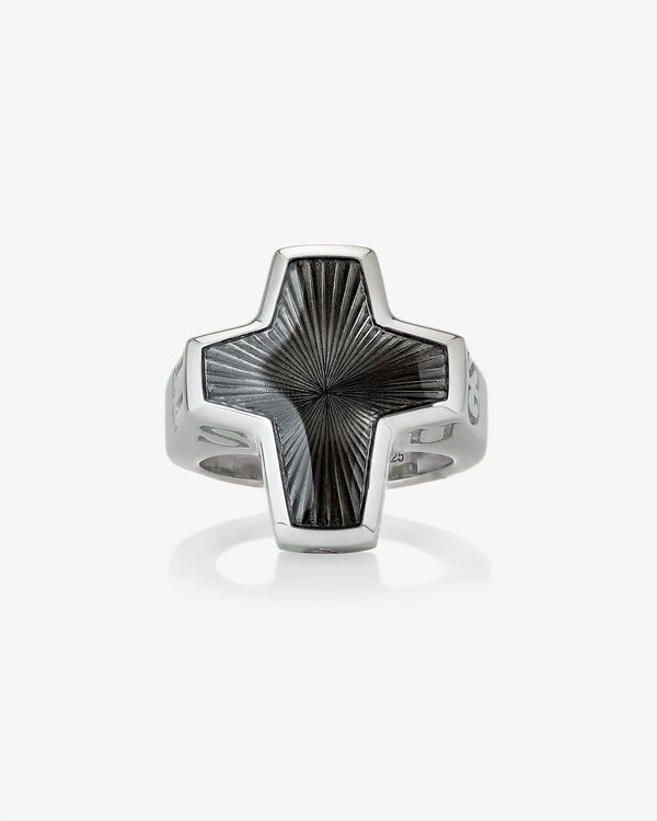 Close-up of grey enamel inlay and sterling-silver metalwork on Stephen Webster ring