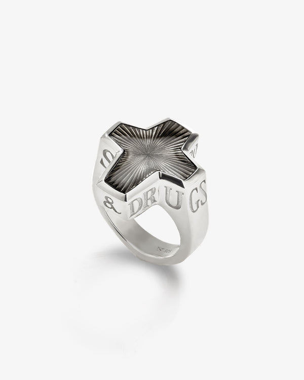 Stephen Webster Sex & Drugs & Rock & Roll ring in sterling silver with grey enamel inlay — front view