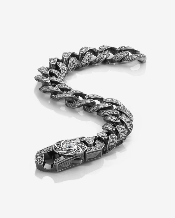 Stephen Webster Shaken and Stirred clasp in sterling silver — paired with 18mm Cuban Bracelet in engraved sterling silver