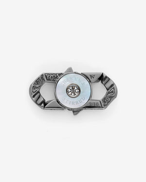 Stephen Webster Shaken and Stirred clasp in 18k white gold with white & black diamonds and mother of pearl back plate — back view