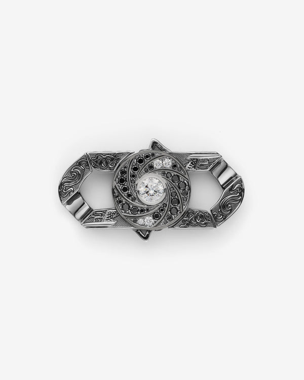 Stephen Webster Shaken and Stirred clasp in 18k white gold with white & black diamonds and mother of pearl back plate — front view