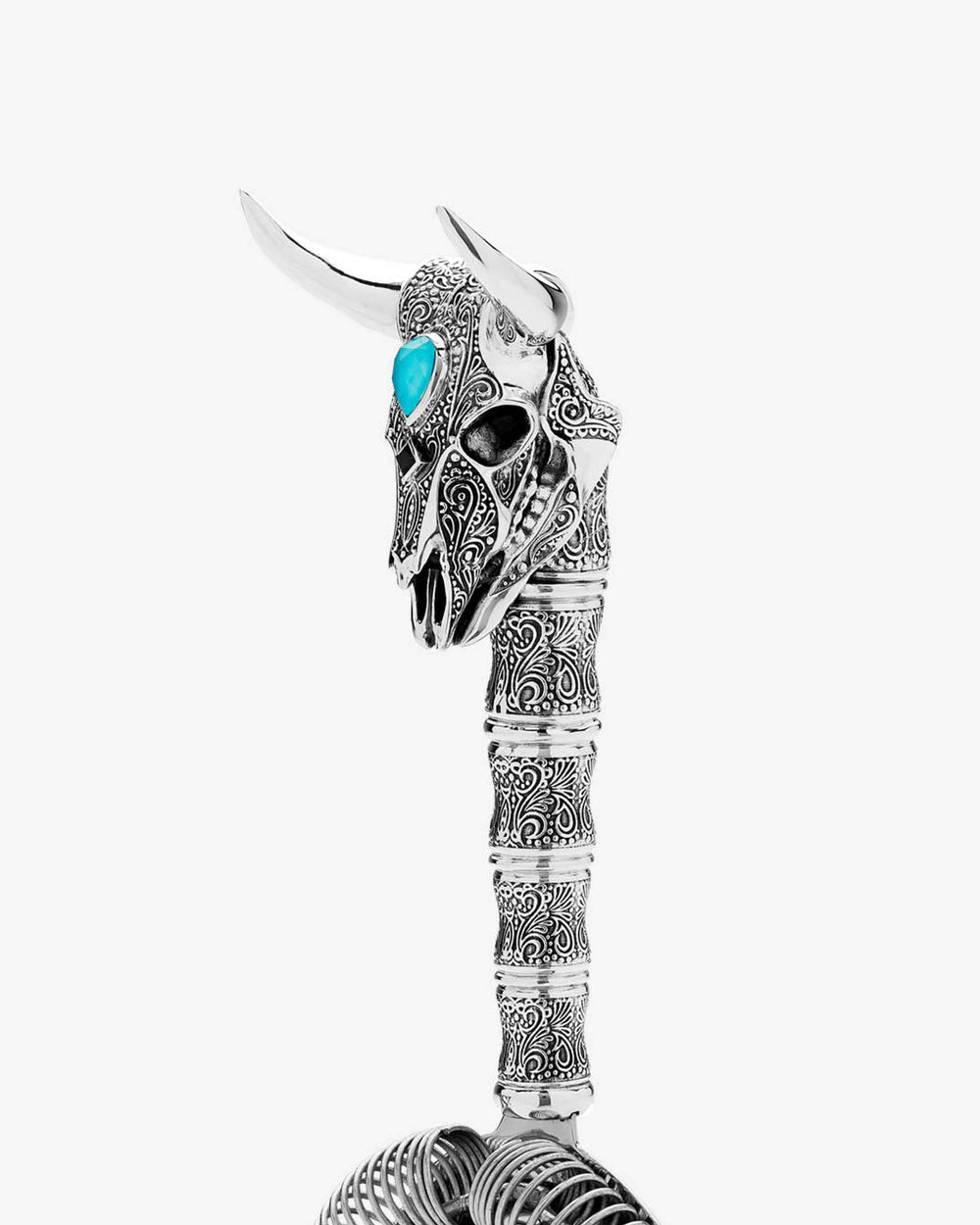 Silver Cow Cocktail Strainer in sterling silver with red garnet and turquoise quartz stone