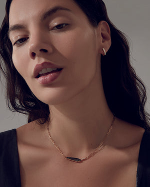 Silver obsidian Crystal Haze slimline shard linked choker worn on neck in 18ct yellow gold