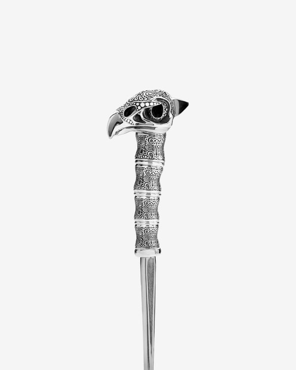 Close-up of vulture motif on sterling silver ice pick