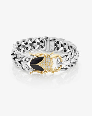Stephen Webster Beetlemania Grey Enamel Stag Beetle Bracelet — sterling silver with yellow-gold stag-beetle head, black enamel and white-diamond pavé — front view