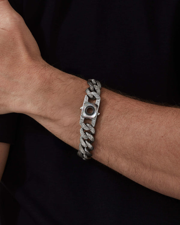 Model wearing Stephen Webster 18 mm Cuban Leaf Bracelet in sterling silver