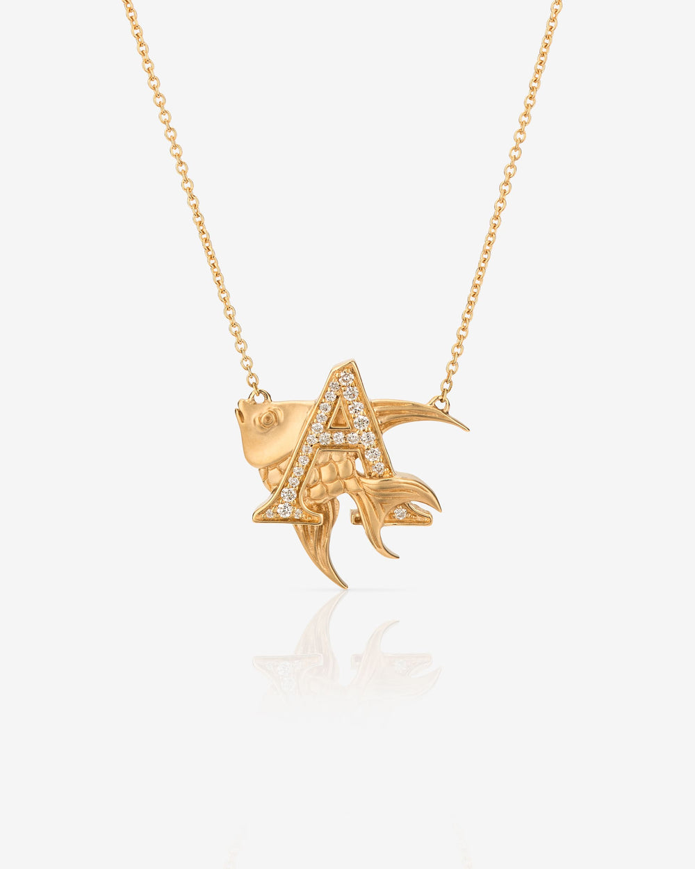 Stephen Webster A is for Angelfish initial necklace in 18ct yellow gold with white diamonds, luxury alphabet jewellery gift for her