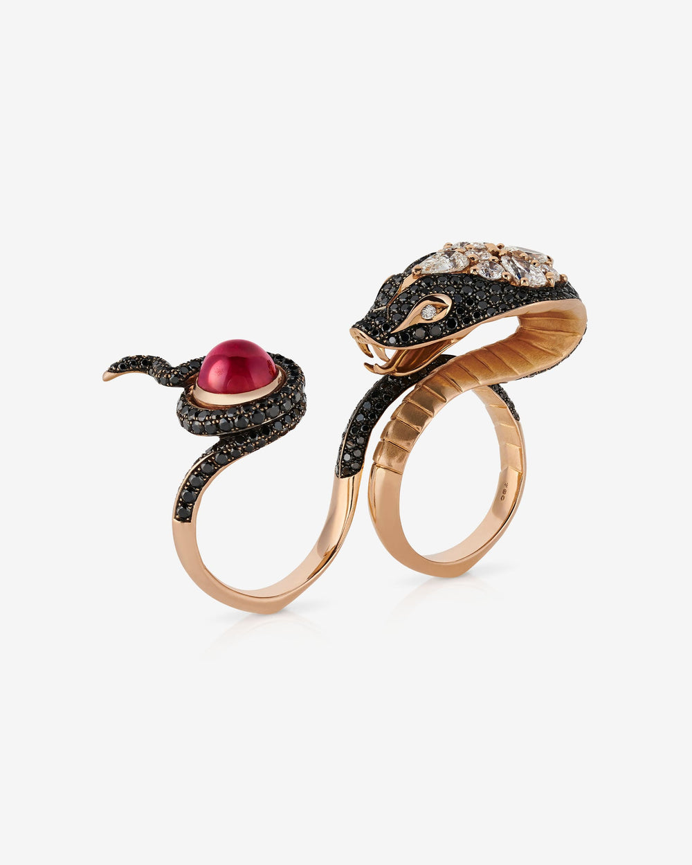 Stephen Webster All About Eve ring in 18ct rose gold featuring a sustainably sourced ruby and pavé-set black and white diamonds, luxury British fine jewellery design