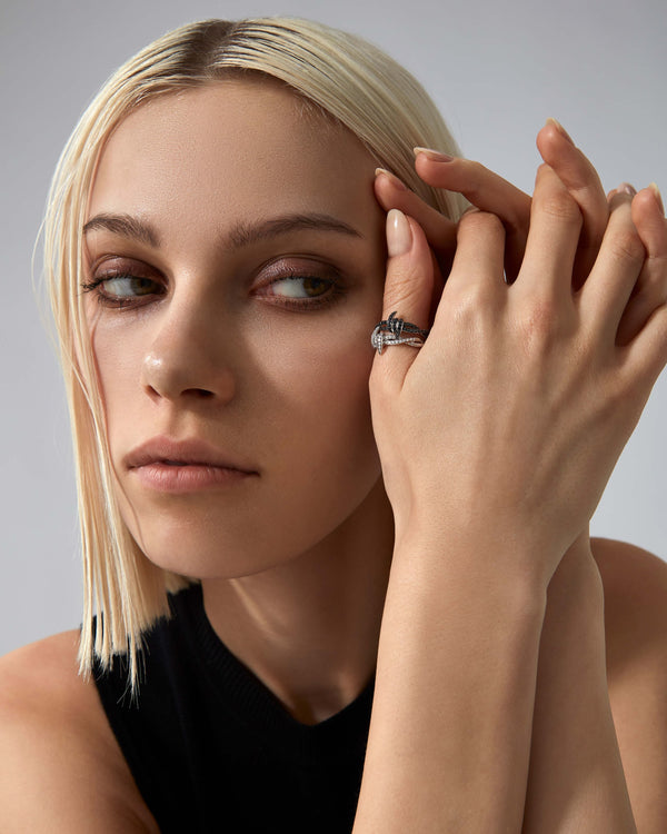 Stephen Webster Black Diamond Forget Me Knot Ring styled with coordinating luxury jewellery pieces