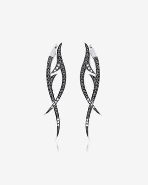Stephen Webster Black Diamond Stem Drop Earrings in 18ct White Gold with black diamond pavé front view