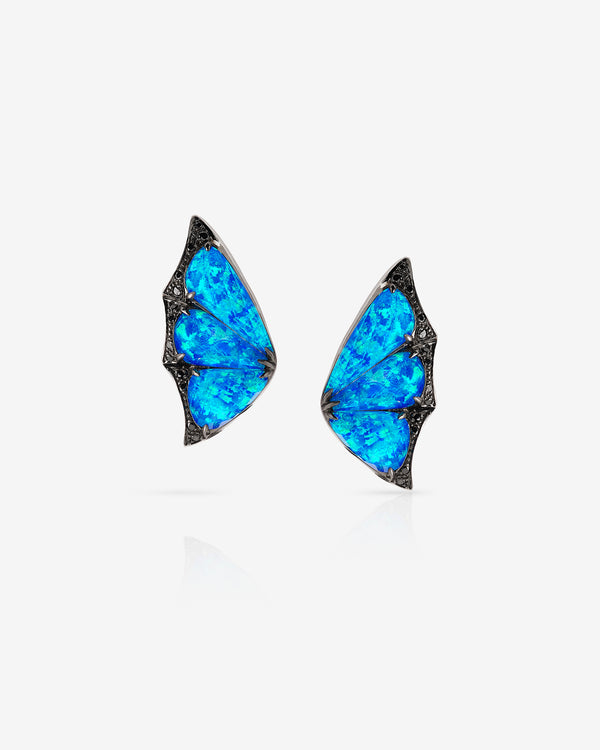 Stephen Webster Black Opalescent Crystal Haze blue butterfly cuff earrings in 18 ct white gold — frontal view