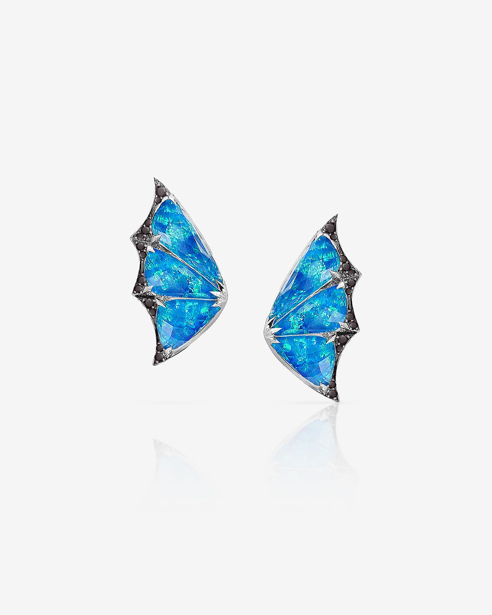 Stephen Webster Black Opalescent Crystal Haze blue butterfly cuff earrings in 18 ct white gold — frontal view