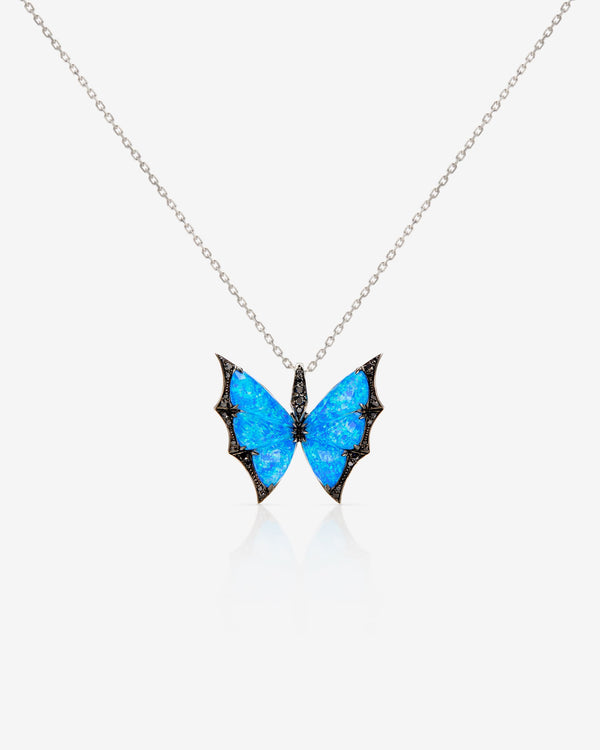 Fly By Night butterfly Black Opalescent Crystal Haze pendant necklace in 18k white gold with black diamond pavé fine jewellery