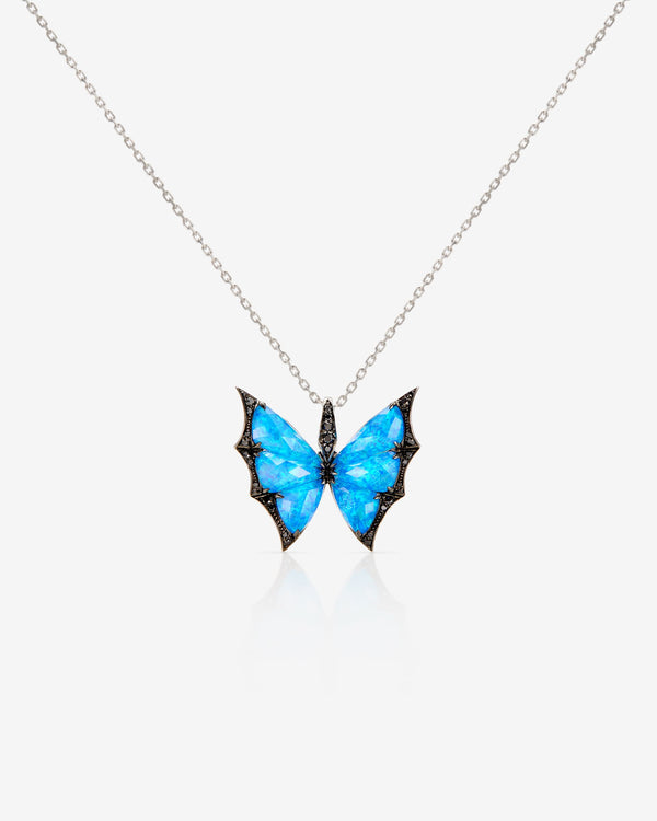 Stephen Webster Black Opalescent Crystal Haze butterfly pendant in 18 ct white gold — front view