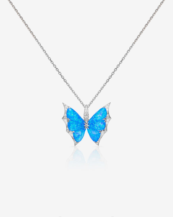 Fly By Night butterfly Black Opalescent Crystal Haze pendant necklace in 18k white gold with white diamond pavé fine jewellery